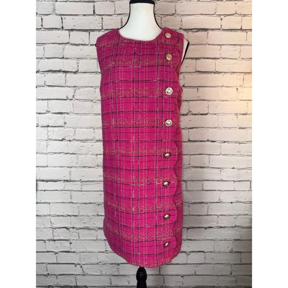 Entro Pink Plaid Tweed Scalloped Mini Dress 1990’s Y2K Gold Buttons size Large - Picture 2 of 10
